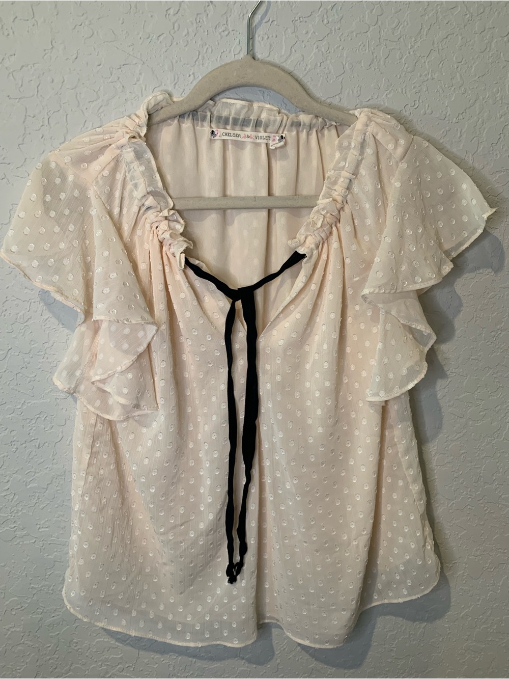 Chelsea & Violet Cream Swiss Dot Blouse with Black Neck Tie